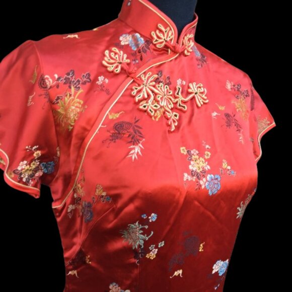 VTG Peony Chinese Qipao Cheongsam Red Dress Size 36 Side Zipper Frog Fasteners - Picture 2 of 11